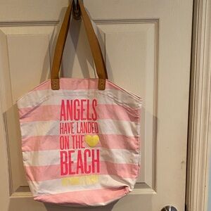 Victoria's Secret Pink and White Tote with Tan Straps